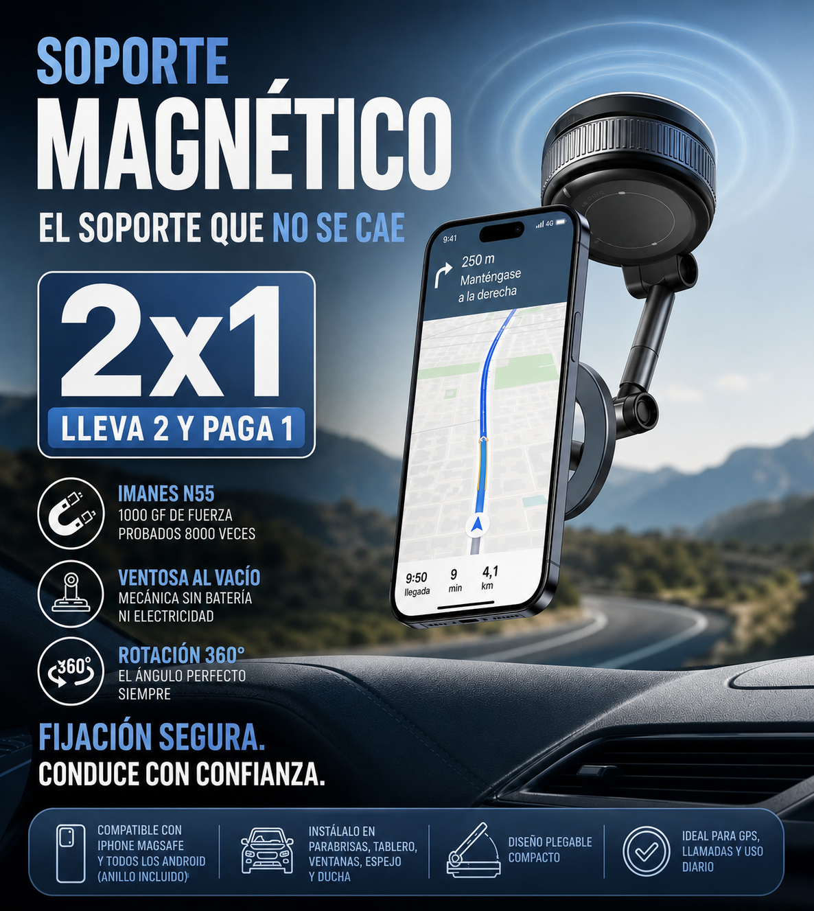 🔥 PROMOCIÓN 2x1 🔥 Soporte Magnético para Celular con Ventosa al Vacío 360° Compatible con iPhone MagSafe y Android 📱