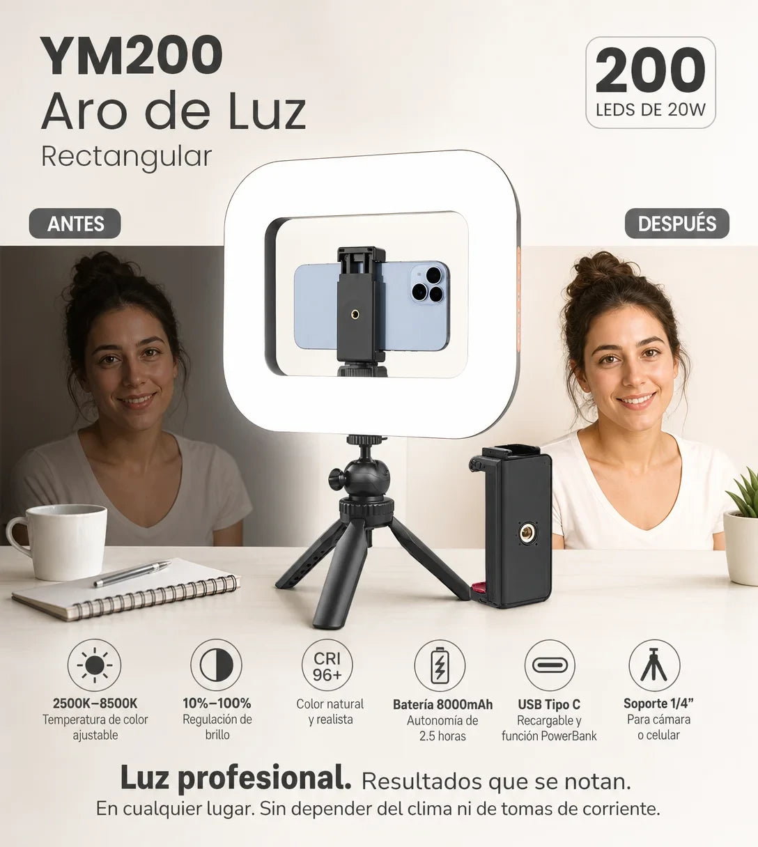 Aro de Luz Rectangular — Ring Light LED Bicolor Recargable para Video y Fotografía