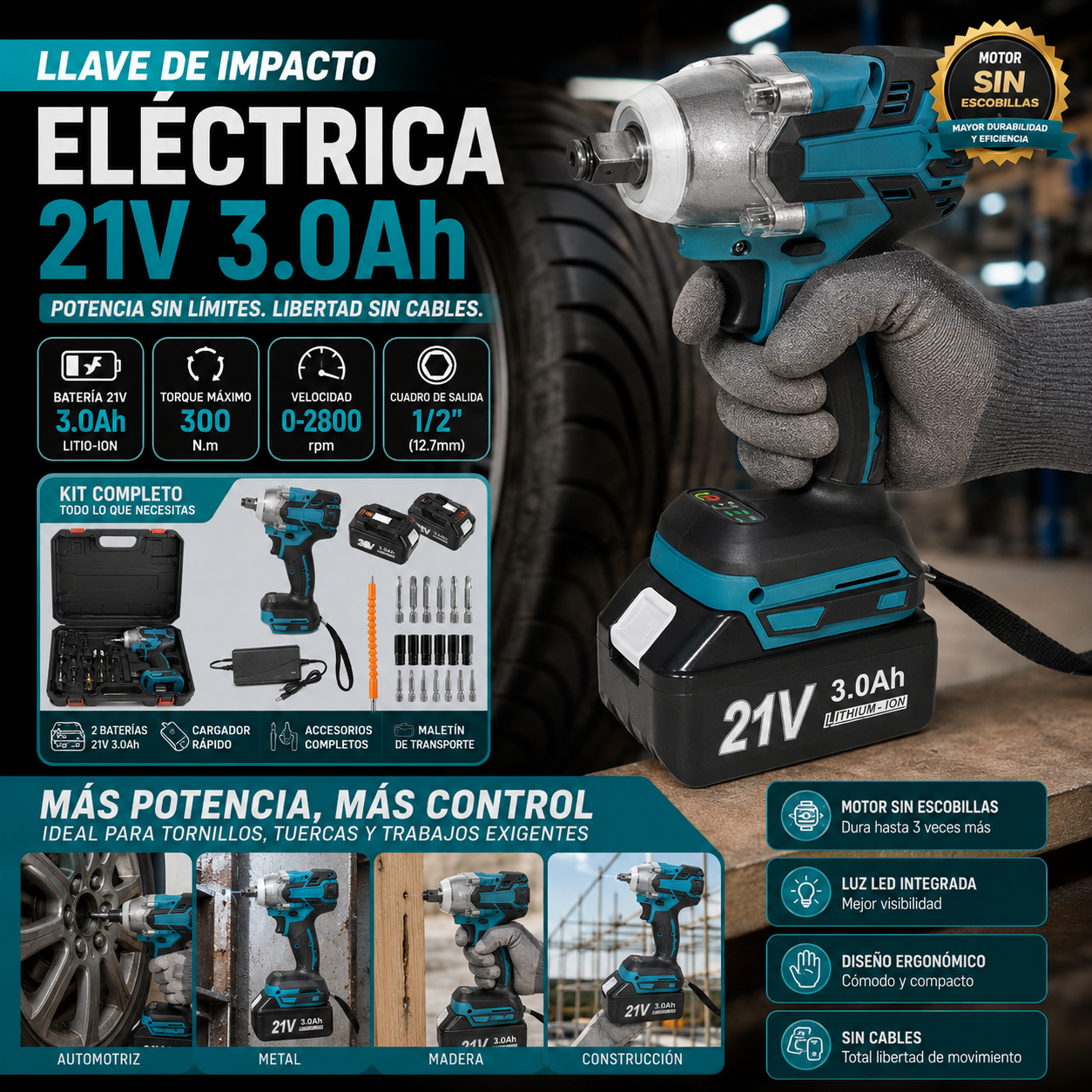 Taladro Inalámbrico Sin Escobillas 20V — Motor Brushless, 55 Nm, 2 Velocidades y Batería Incluida
