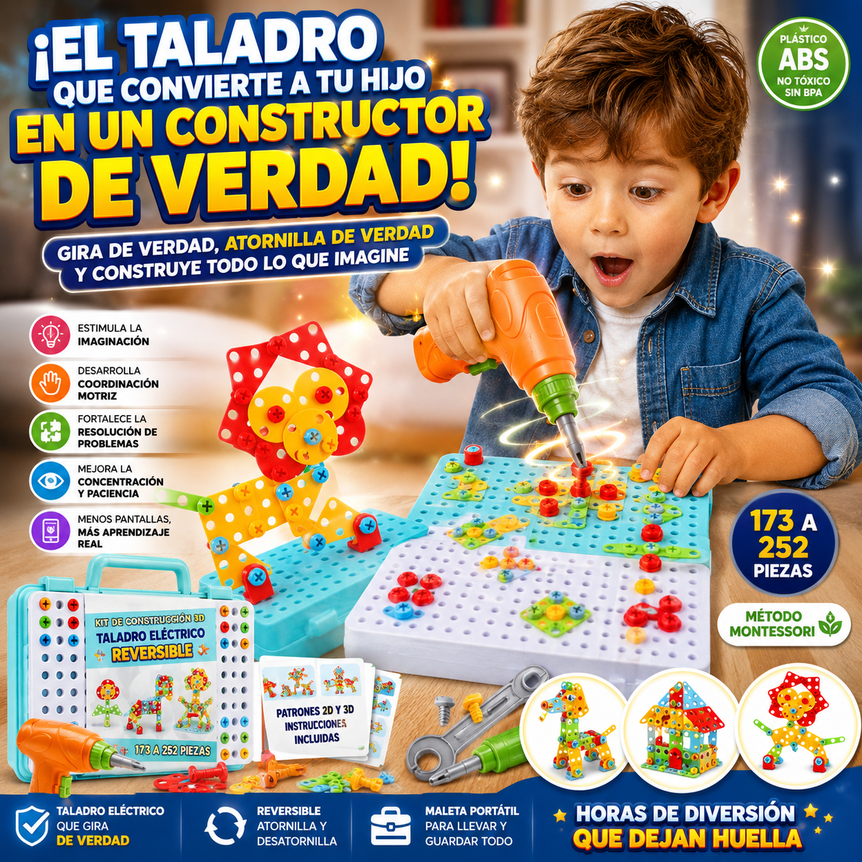 Kit de Construcción 3D con Taladro Eléctrico para Niños — 173 Piezas, Método Montessori
