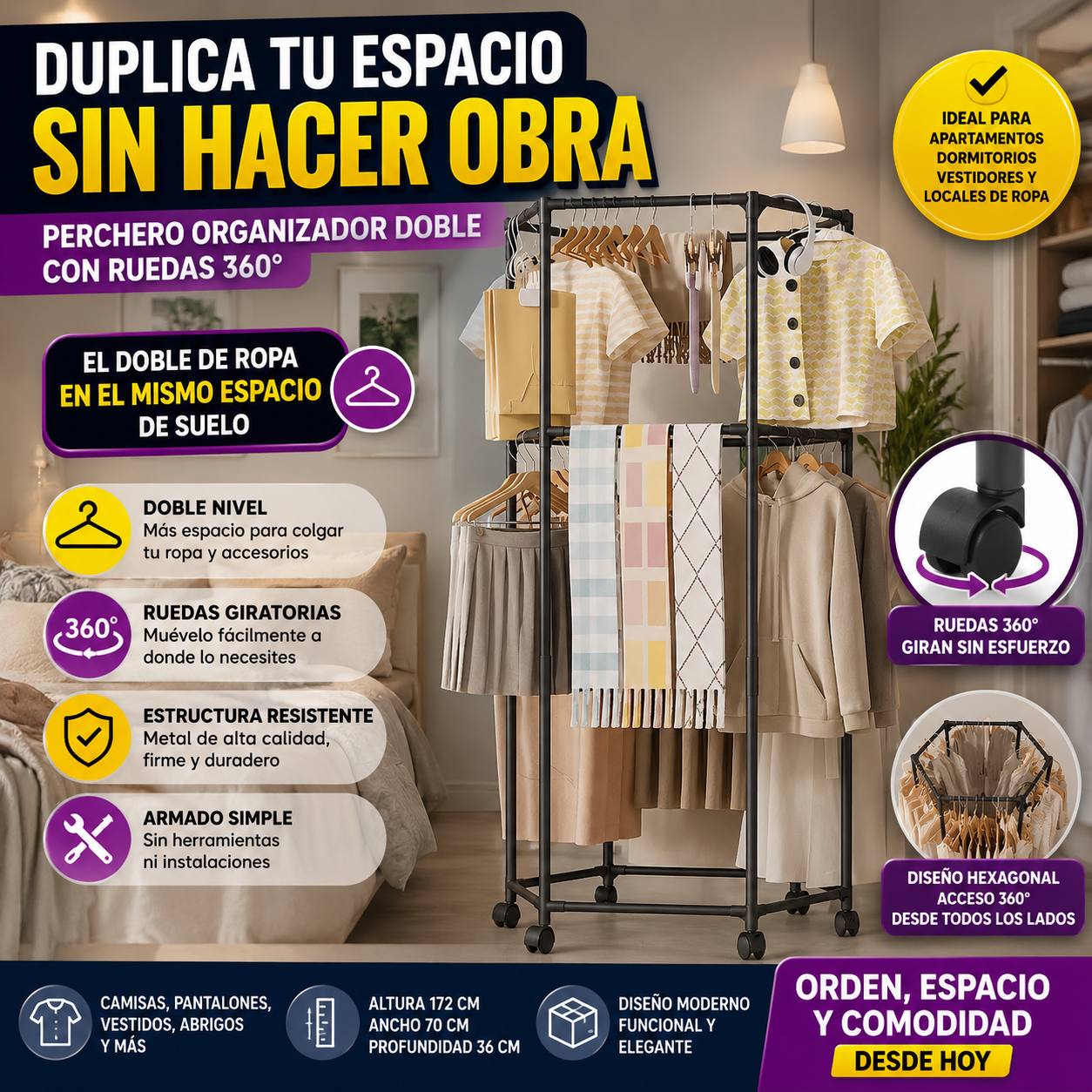 Perchero Organizador Doble con Ruedas 360° — 2 Niveles de Barra, Metal Resistente