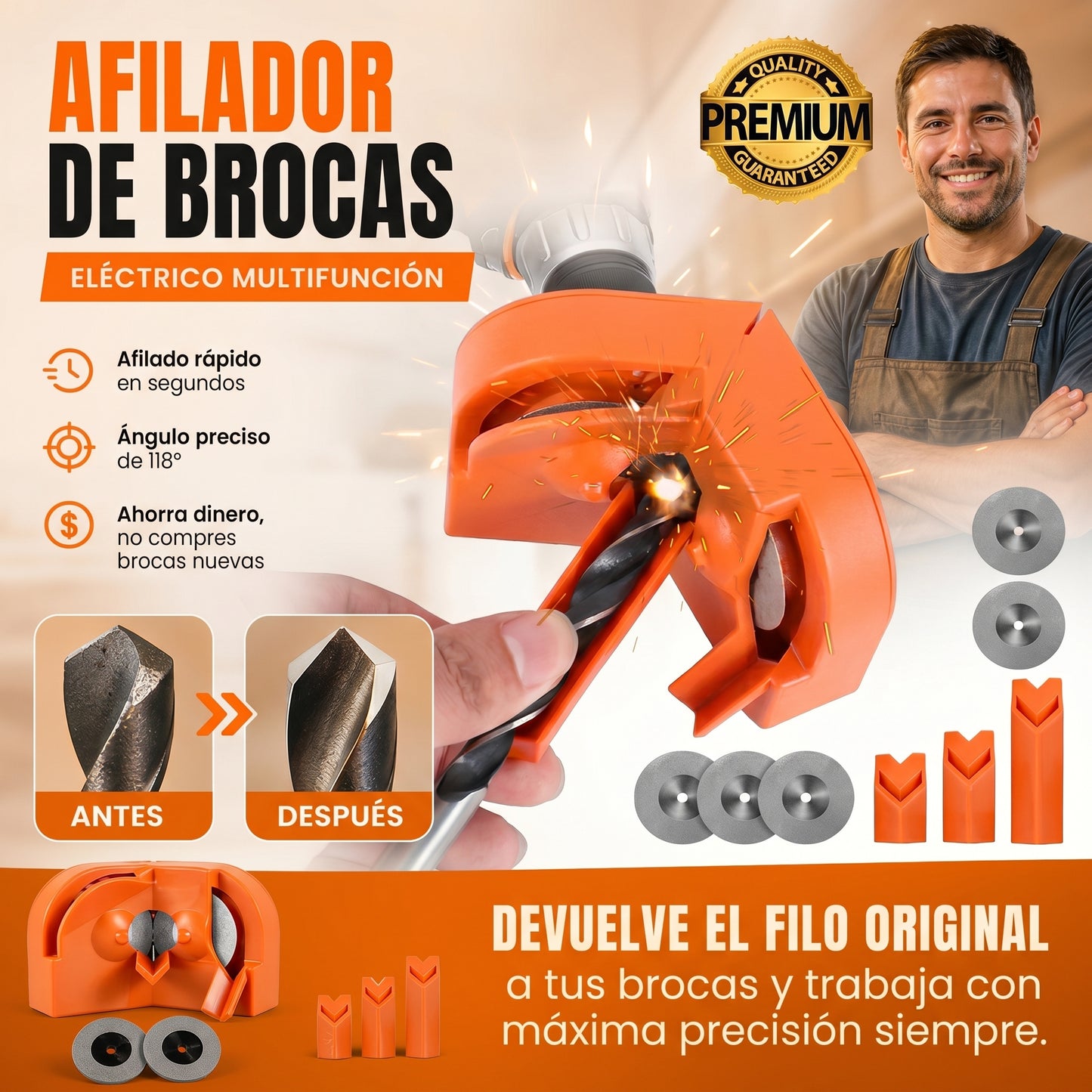 Afilador de Brocas Portátil — Restaurador de Brocas HSS de 2 a 13 mm con Muela de Diamante