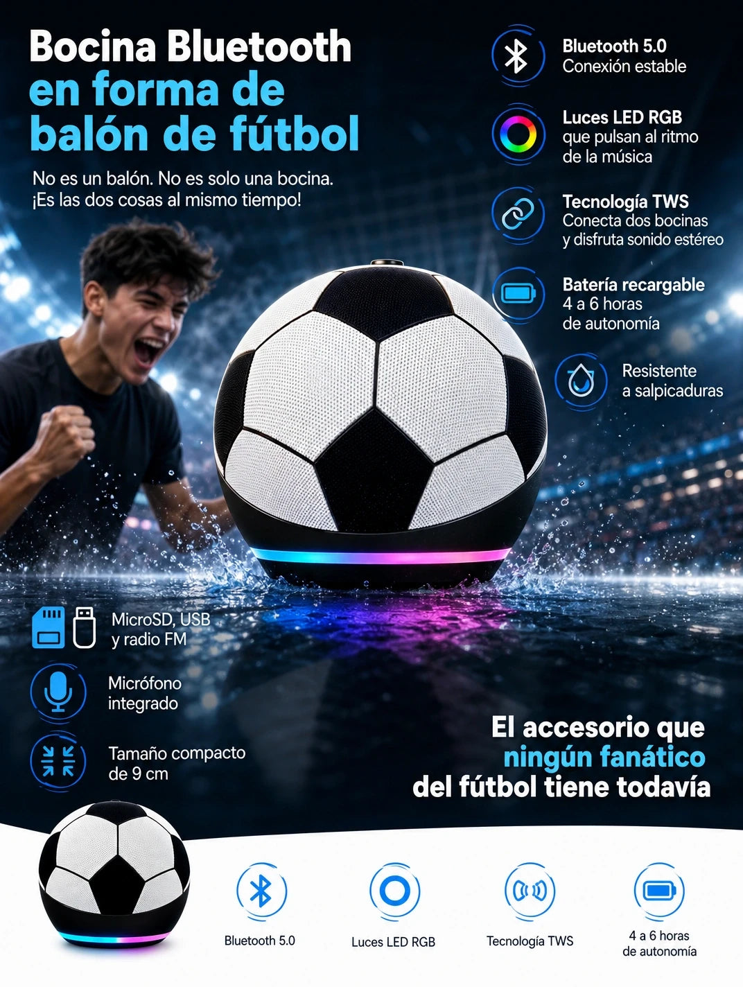 Bocina Bluetooth Balón de Fútbol — Luces RGB, TWS Estéreo y Batería Recargable