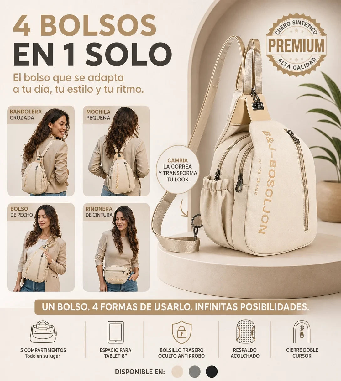 Bolso Multifuncional 4 en 1 — Bandolera, Riñonera y Mochila para Mujer