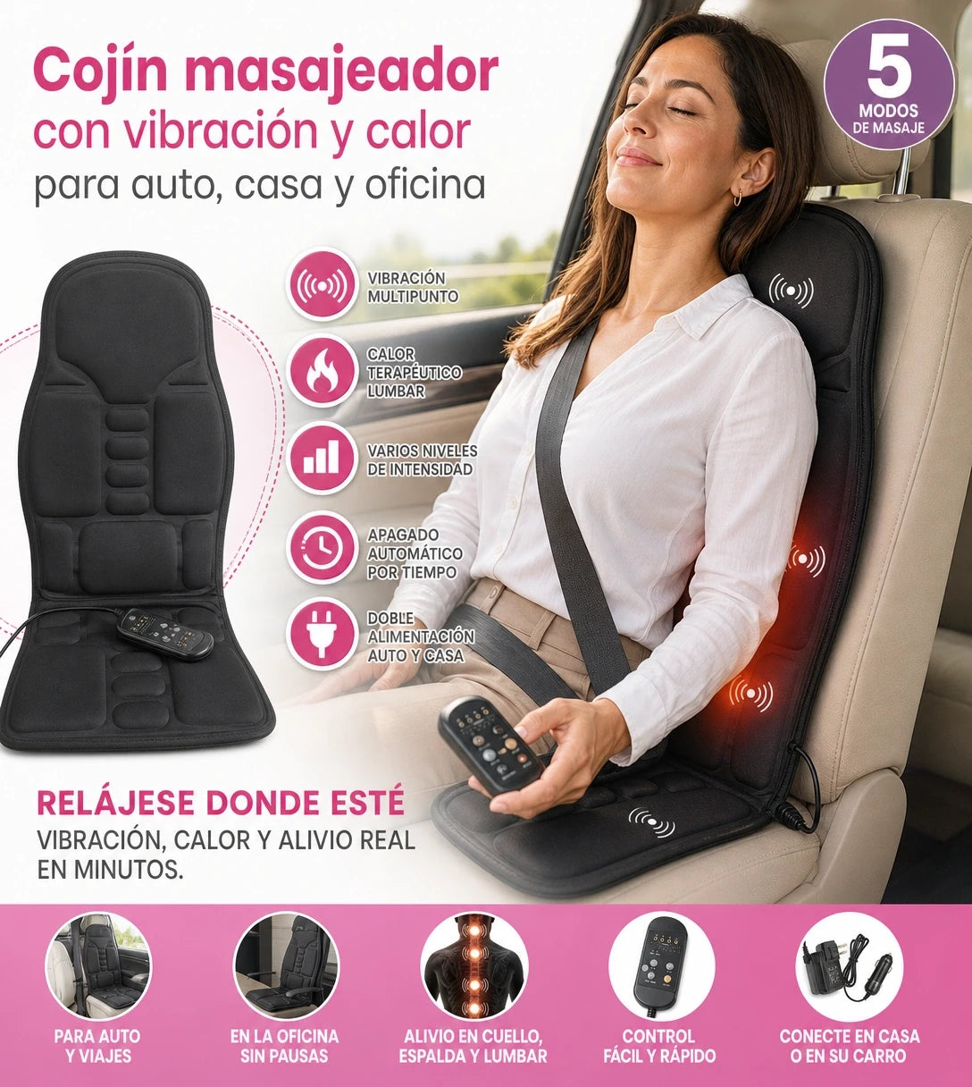 Cojín Masajeador con Calor y Vibración — Para Auto, Casa y Oficina, Multizona y Portátil 12V