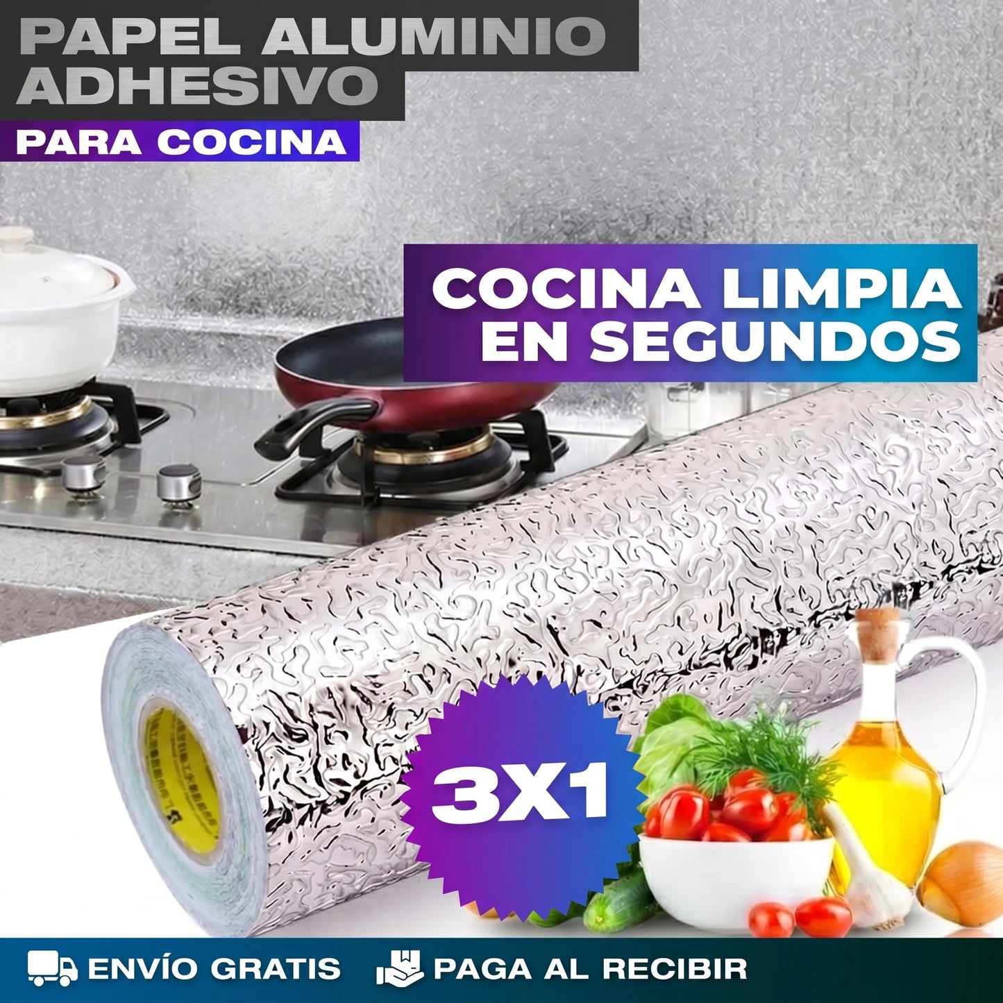 PROMO 3x1 PAPEL ALUMINIO ADHESIVO PARA COCINA