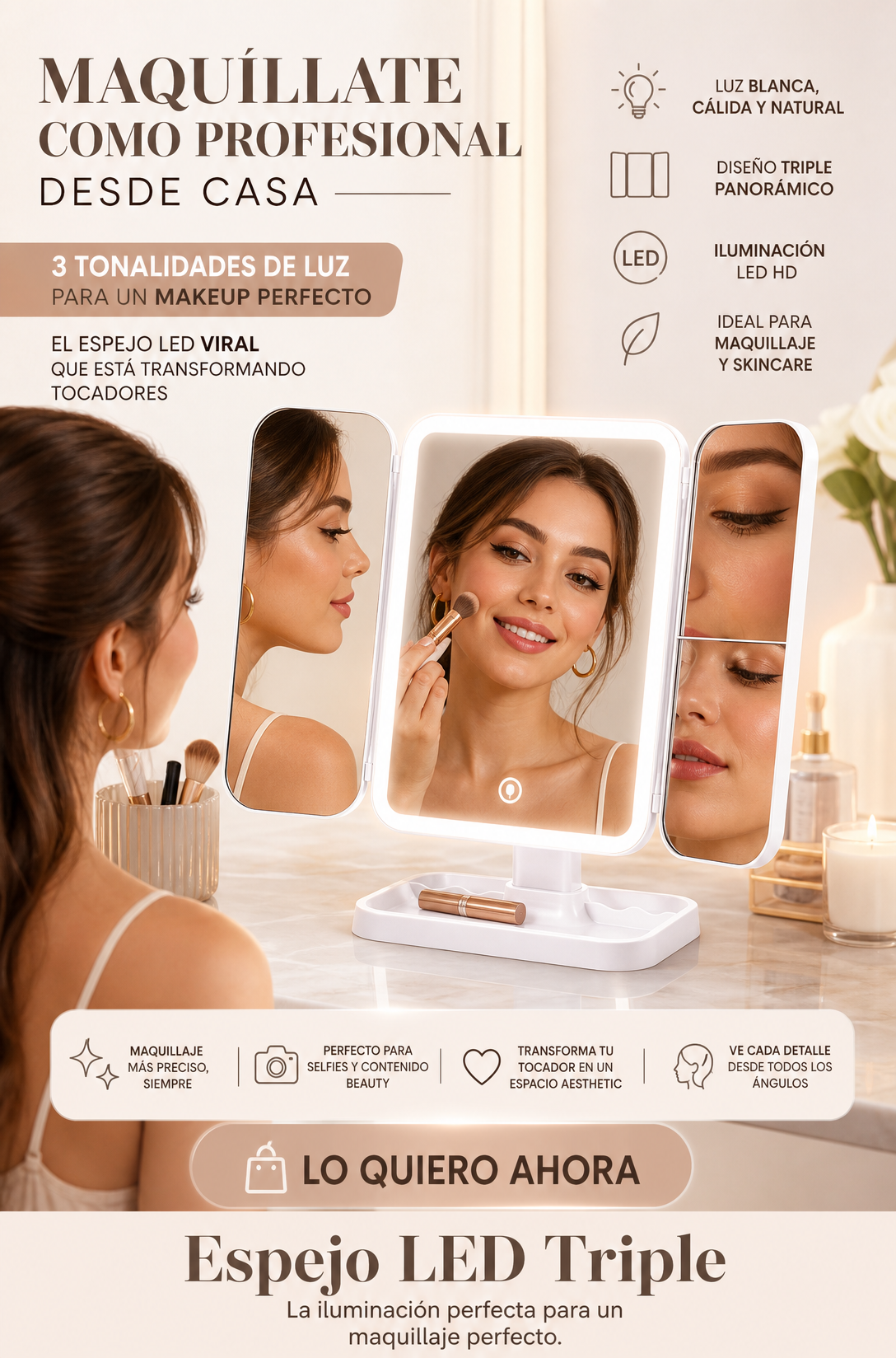 Espejo LED Triple|Maquillaje perfecto con la iluminación correcta.