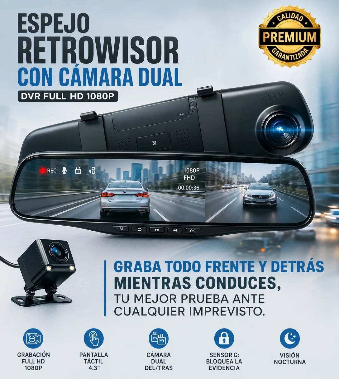 Espejo Retrovisor con Cámara Dual DVR