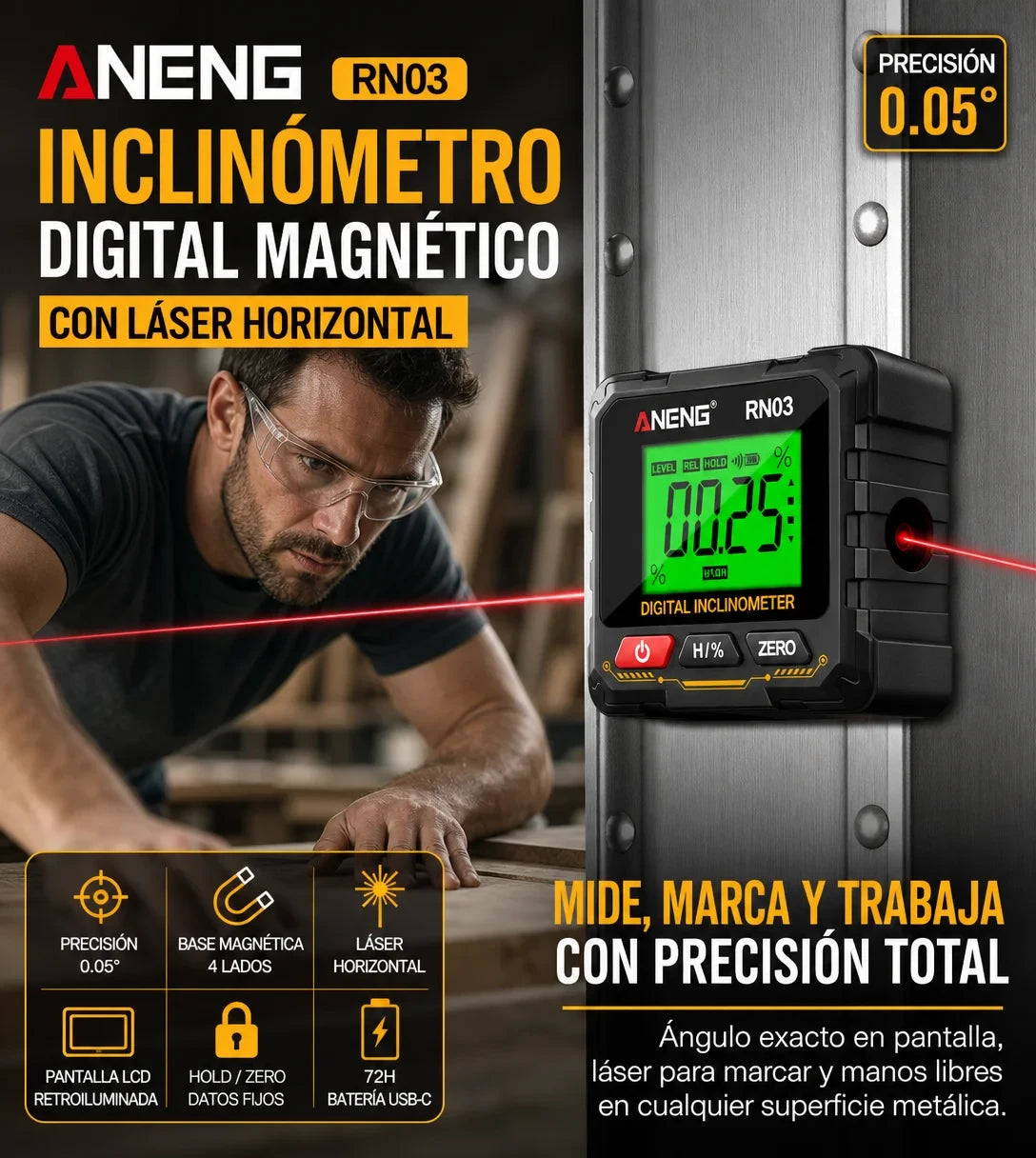 Inclinómetro Digital Magnético con Láser — Medidor de Ángulos y Nivel Digital de Precisión