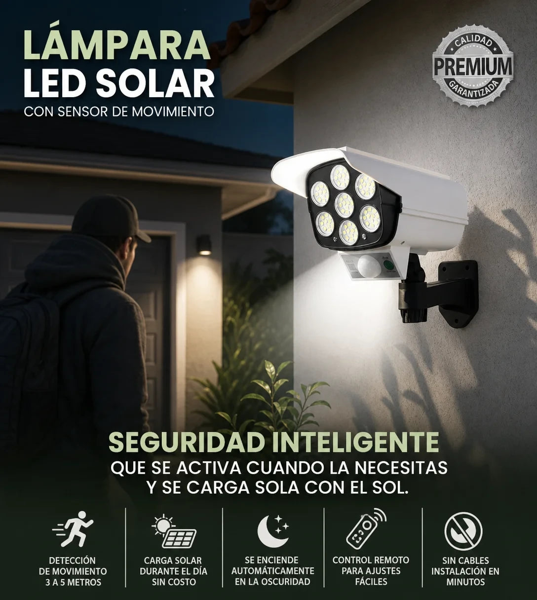 Lámpara Solar Exterior tipo Cámara con Sensor de Movimiento 77 LED