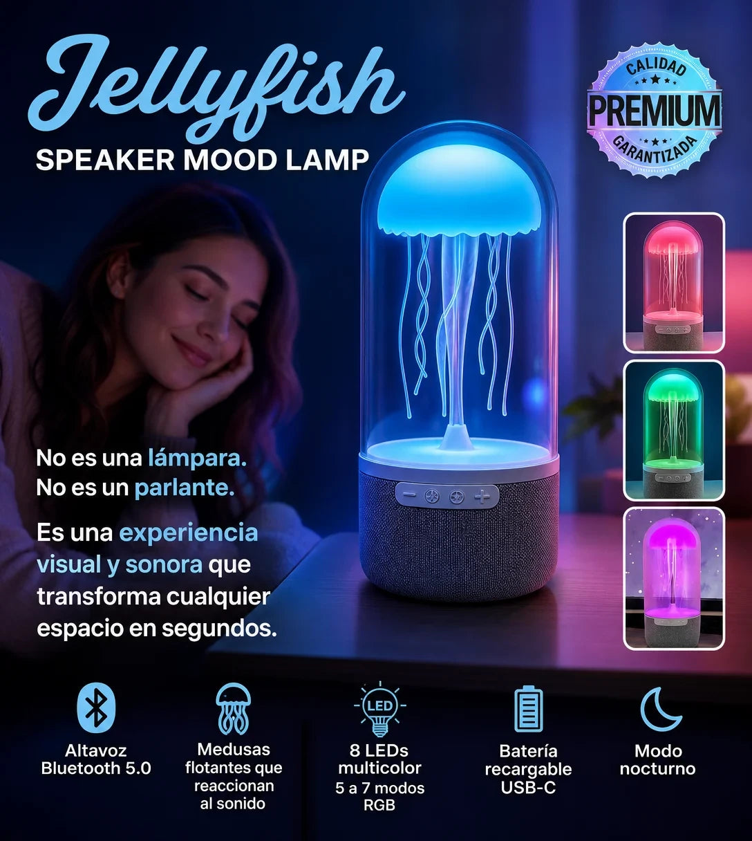 Lámpara Medusa Bluetooth — Parlante LED RGB con Medusas Flotantes y Luces que Cambian de Color