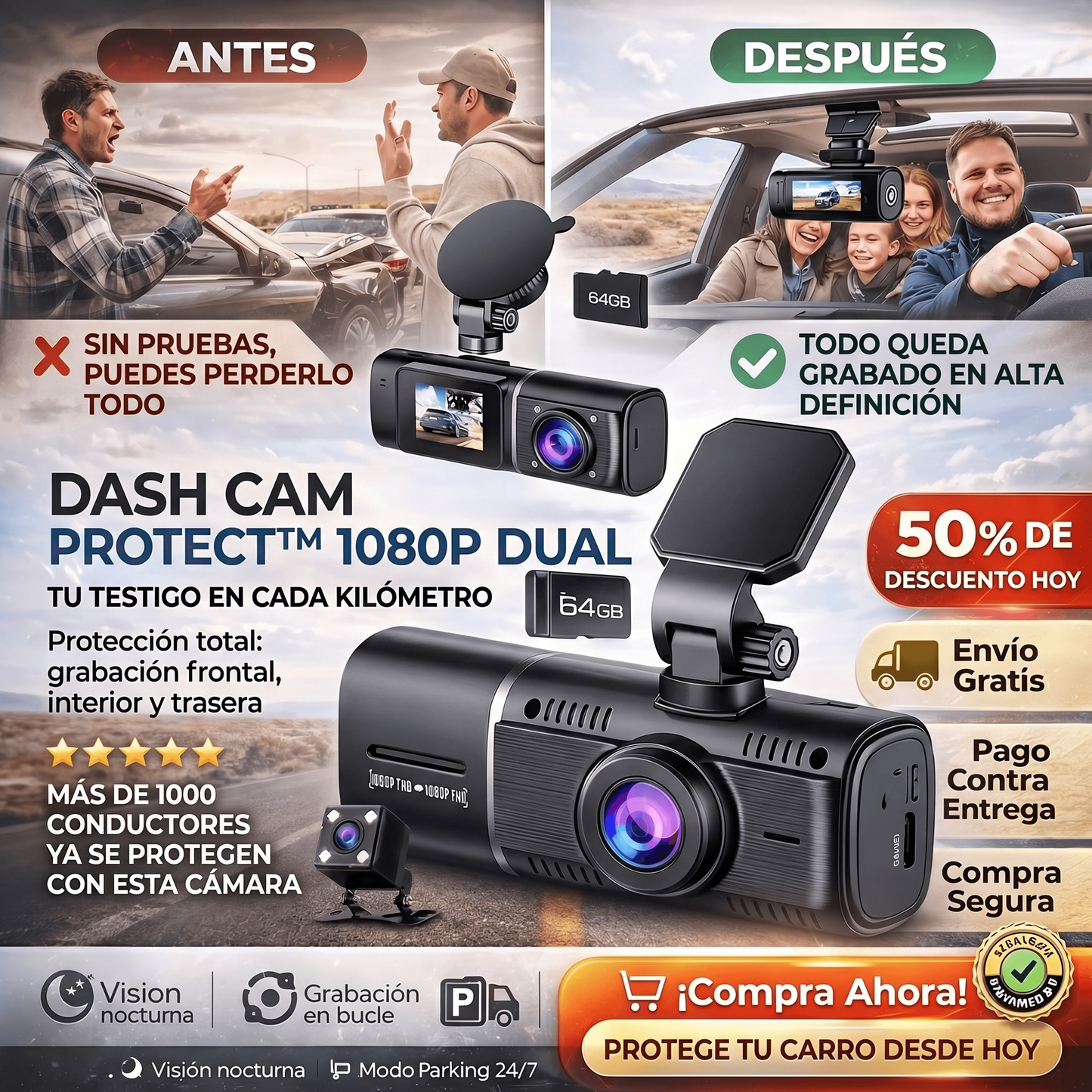 DASH CAM PROTECT™ Cámara para parabrisas con 3 cámaras, visión nocturna y grabación 1080P