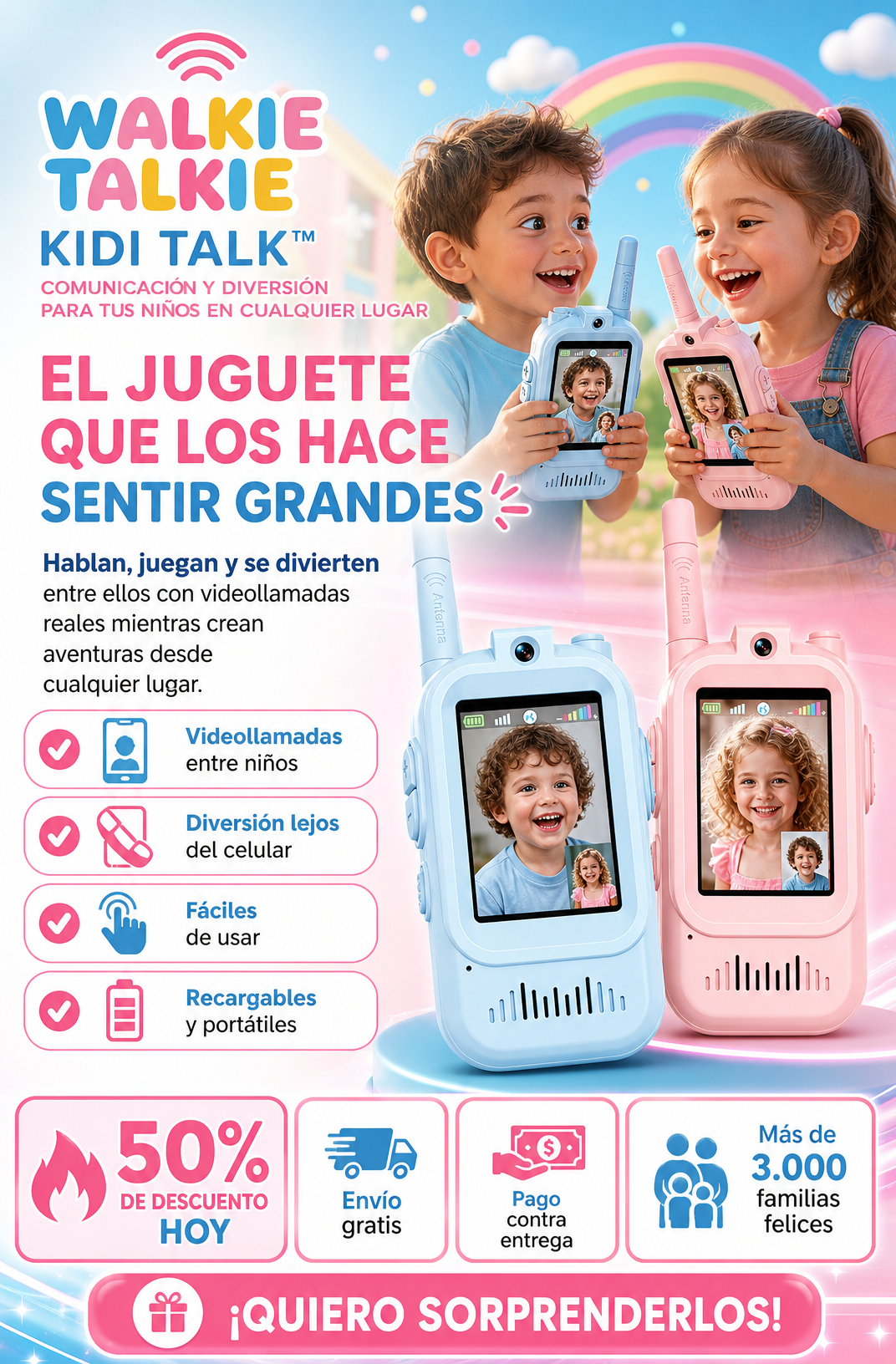 WALKIE TALKIE KIDI TALK|COMUNICACIÓN Y DIVERSIÓN PARA TUS NIÑOS EN CUALQUIER LUGAR, SIN WIFi, PACK x2