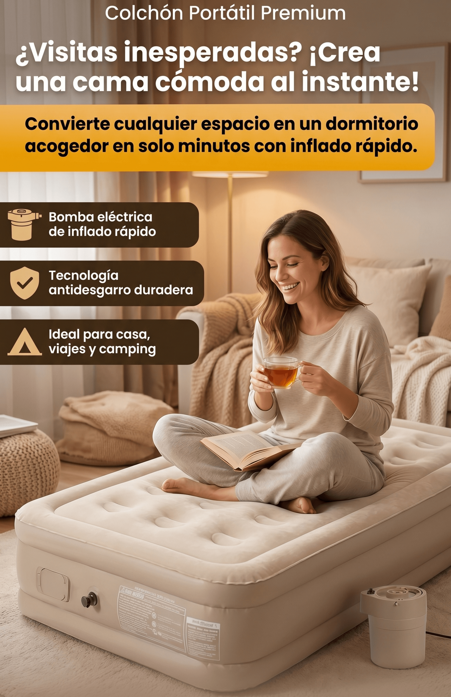 COLCHÓN PORTÁTIL INFLABLE + BOMBA INFLABLE AUTOMATICA