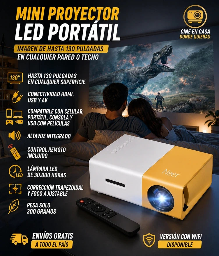 Mini Proyector LED Portátil — Imagen hasta 130 Pulgadas, HDMI, USB y Compatible con Celular