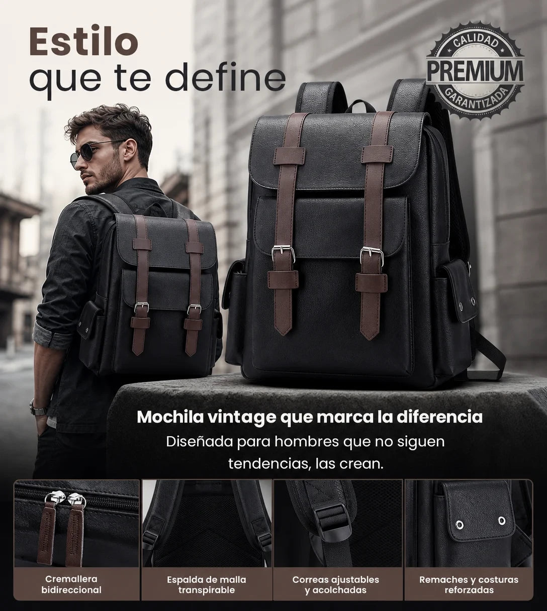 Mochila de Cuero PU Estilo Vintage para Hombre