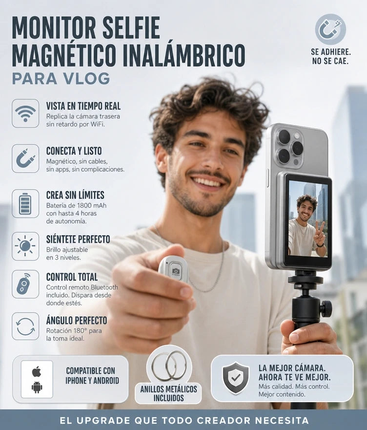 Monitor Selfie Magnético Inalámbrico para Vlog — Pantalla Trasera en Tiempo Real con Control Remoto Bluetooth