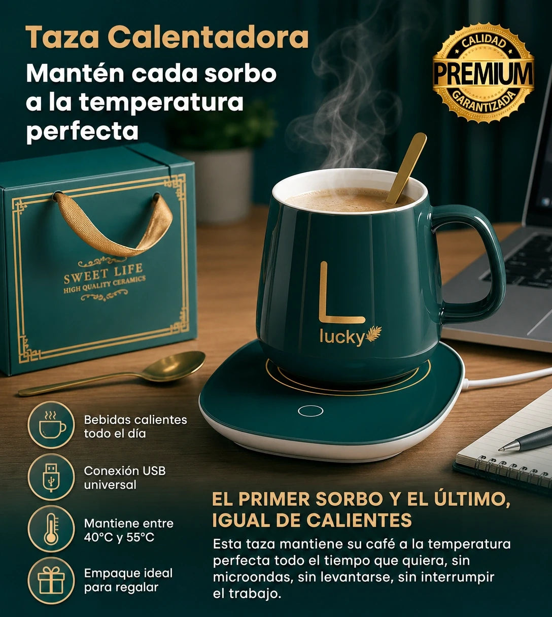 Mug con Base Calentadora USB — Taza de Cerámica que Mantiene tu Café Caliente Todo el Día