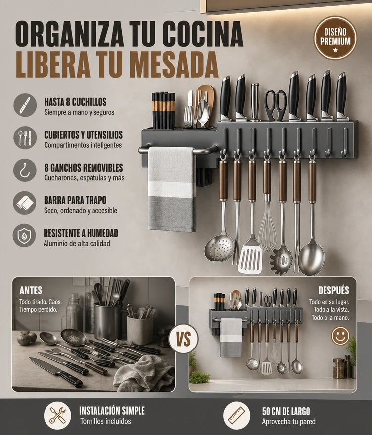 Organizador de Cocina en Pared — Portacuchillos, 8 Ganchos, Barra de Toallas y Compartimentos en Aluminio