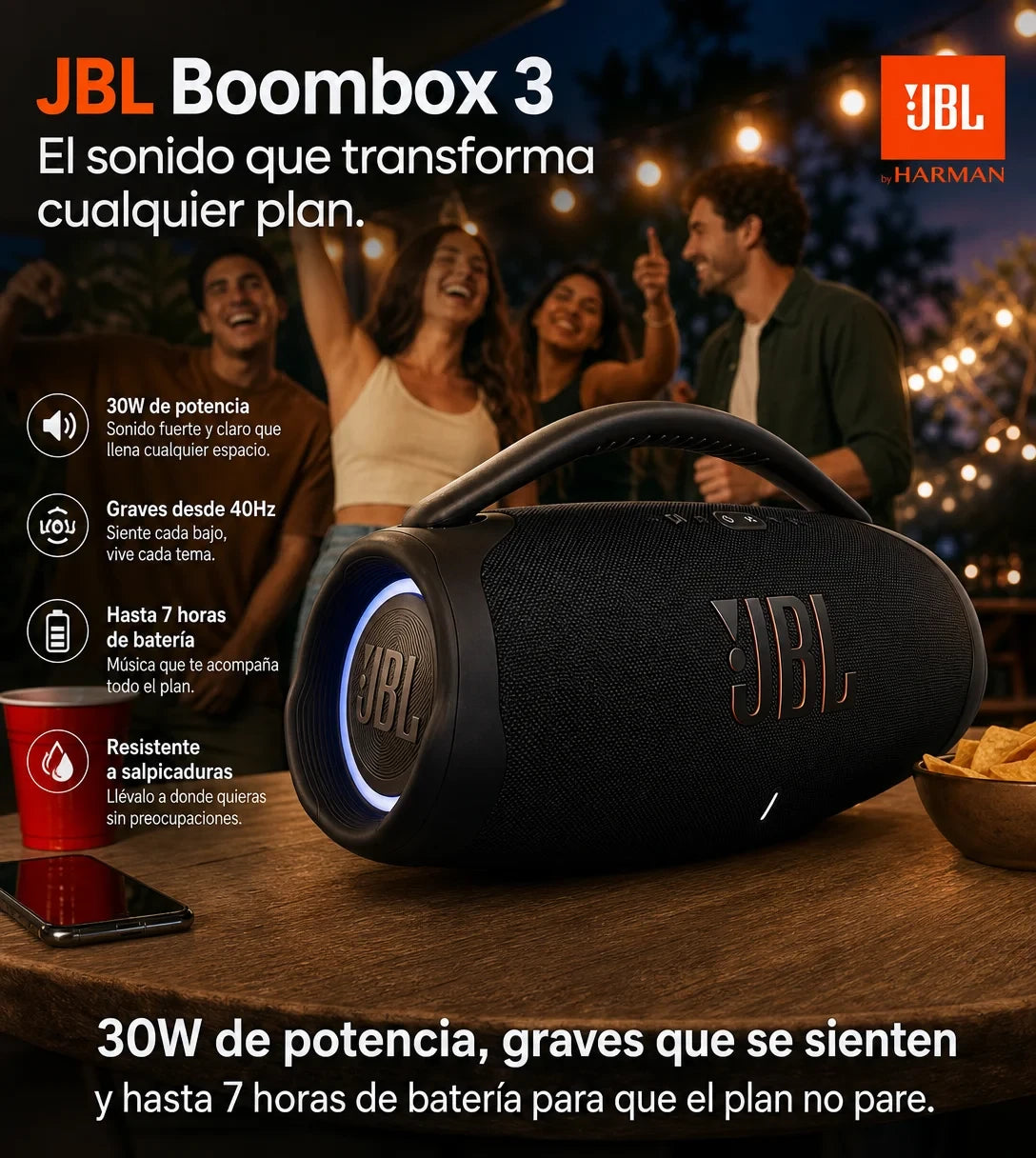 Parlante JBL Boombox 3 Portátil Bluetooth — 30W, Graves Potentes y 7 Horas de Batería