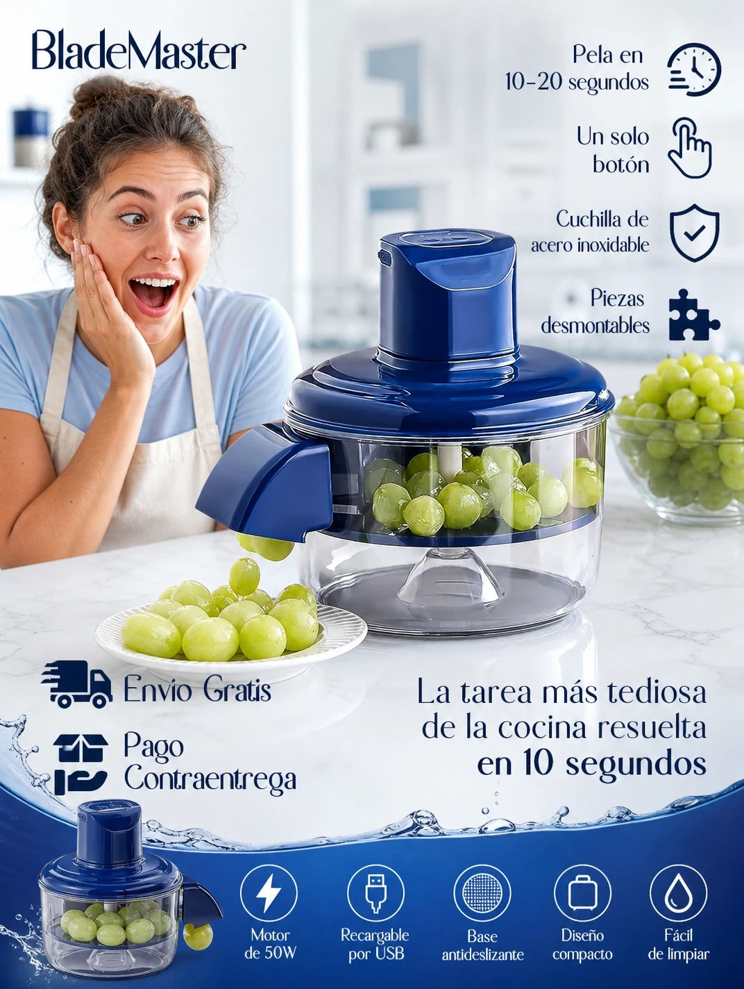 Pelador Eléctrico Automático de Frutas y Verduras — Papa, Manzana, Ajos y Uvas en 10 Segundos
