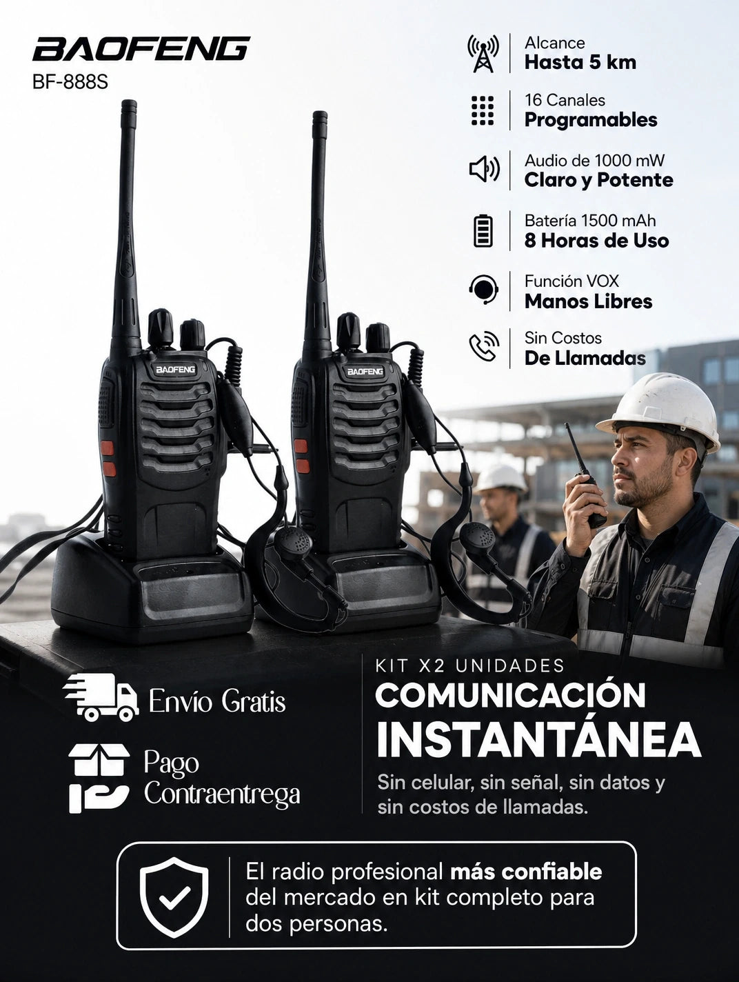 Radio Walkie Talkie Baofeng BF-888S — Kit x2 UHF con Función VOX, 16 Canales y 5 km de Alcance