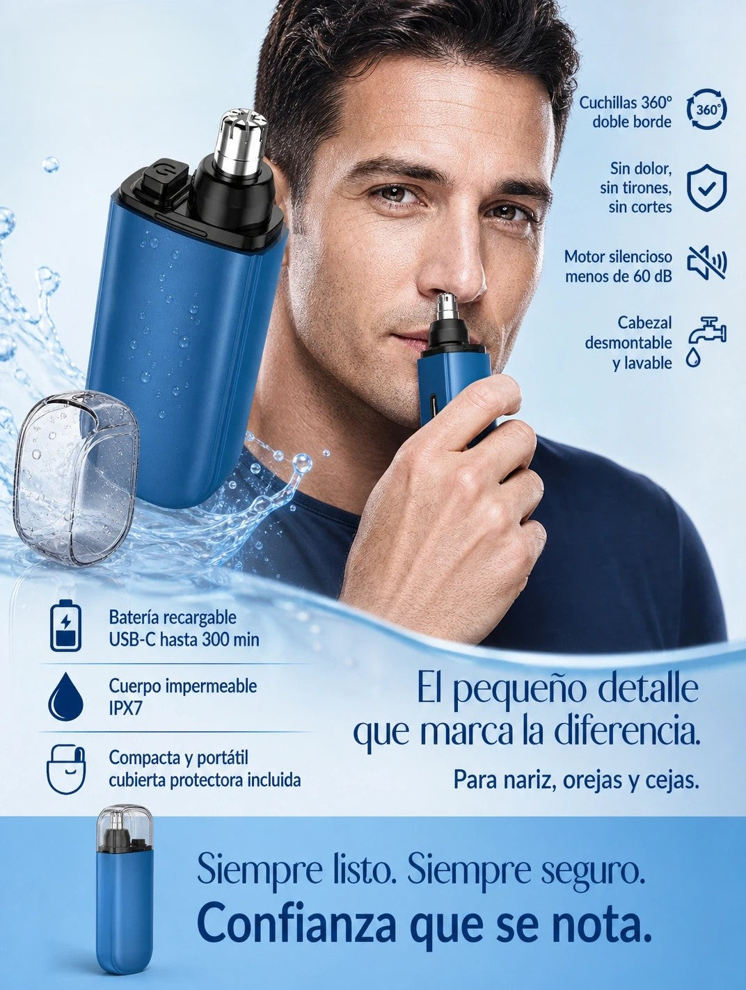 Mini Afeitadora Eléctrica de Nariz y Orejas — Cuchillas 360°, Sin Dolor, Recargable USB-C